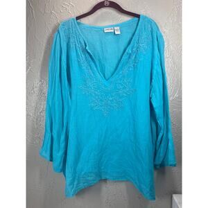Chico's Blue Cotton Embroidered Floral V Neck Long Sleeve Blouse Size 3 US XL/16